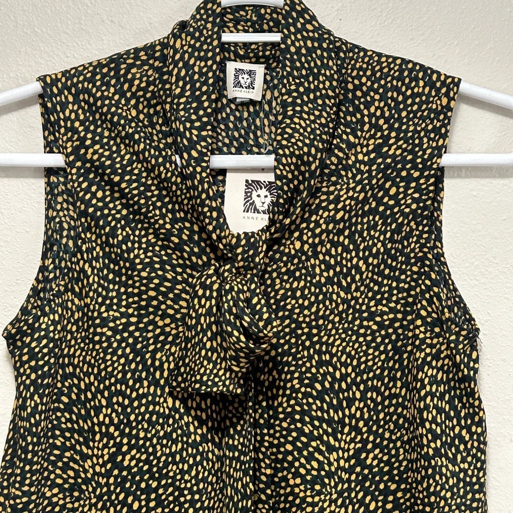 Anne Klein Womens Sleeveless Tie Neck Blouse Treeline Marigold Dot Print Size M